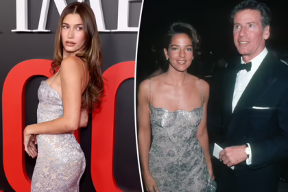 Hailey Bieber у сріблястій мереживній сукні Calvin Klein на Time 100 Gala